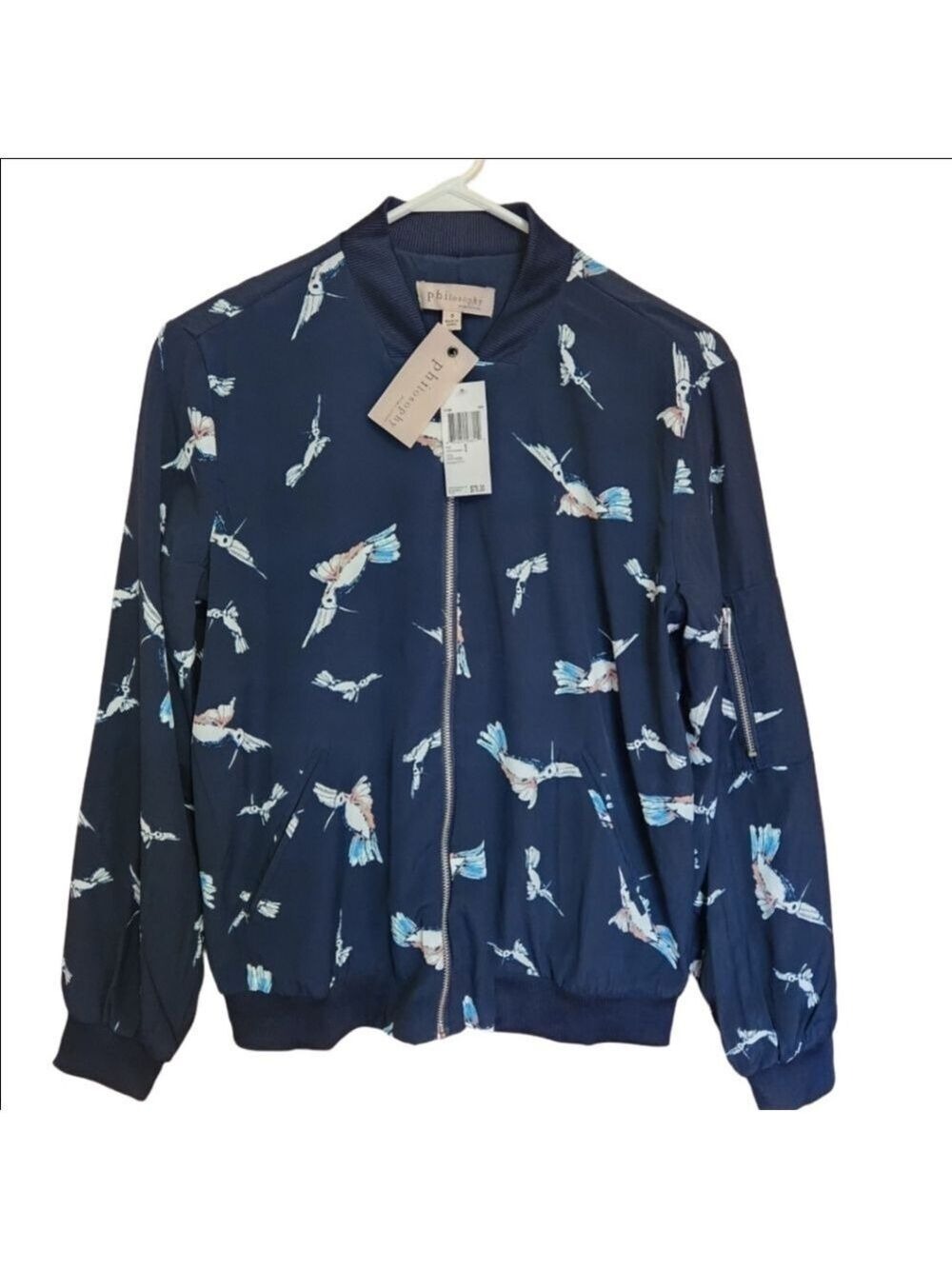 PHILOSOPHY NAVY BLUE HUMMINGBIRD PRINT LIGHTWEIGHT BOMBER JACKET NWT SMALL - Picture 2 of 8
